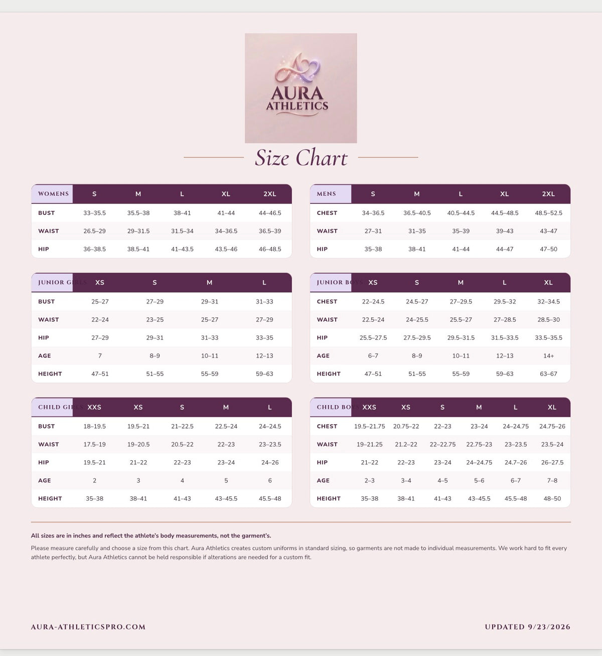 Size chart uniforms and practice wear INFORMATION ONLY